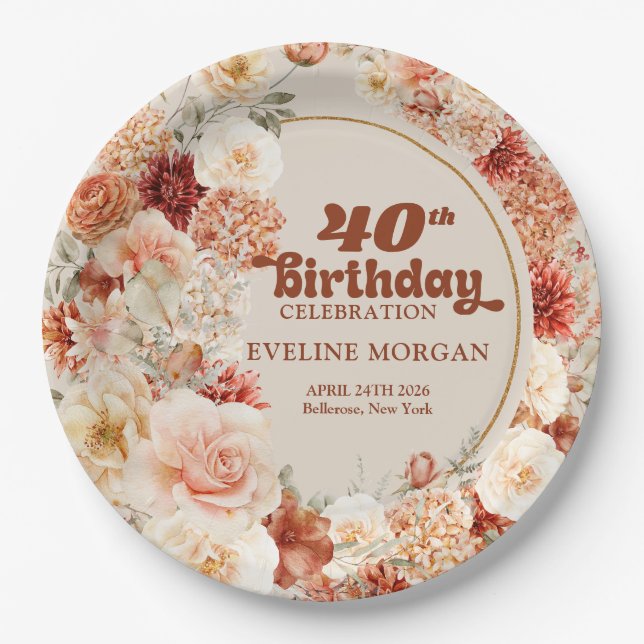 Bouquet terracotta blush and sage 40th birthday paper plates (Front)