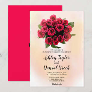 Bouquet watercolor blush red roses floral wedding invitation