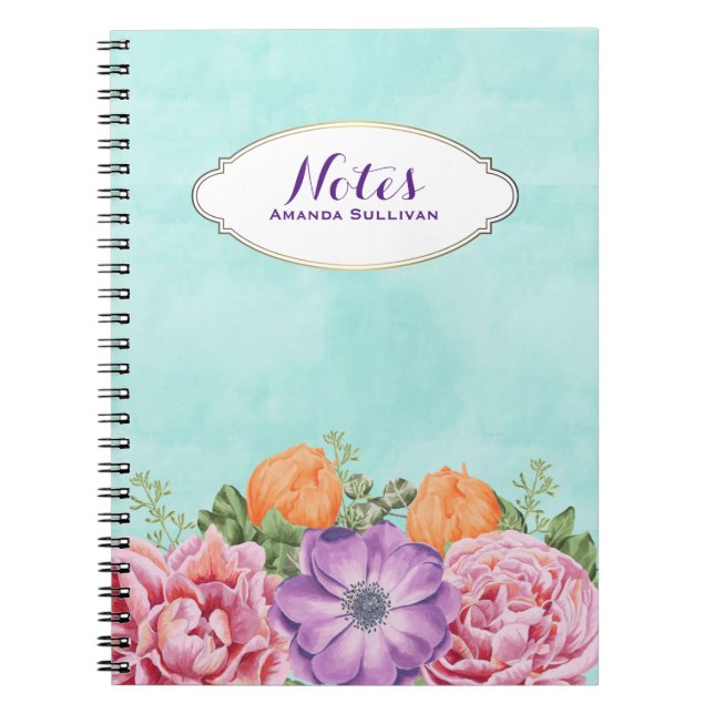Bouquet Watercolor Flowers Pink Purple Custom Notebook (Front)