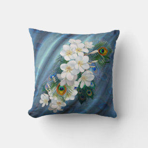 Bouquet White Flowers Emerald Green Silk Throw Pillow
