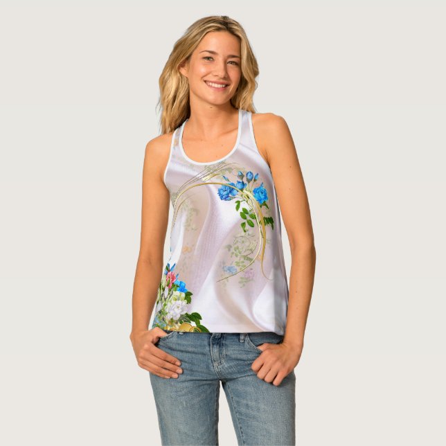 Bouquets of Multi-colour Roses on Silk textures Tank Top (Front Full)