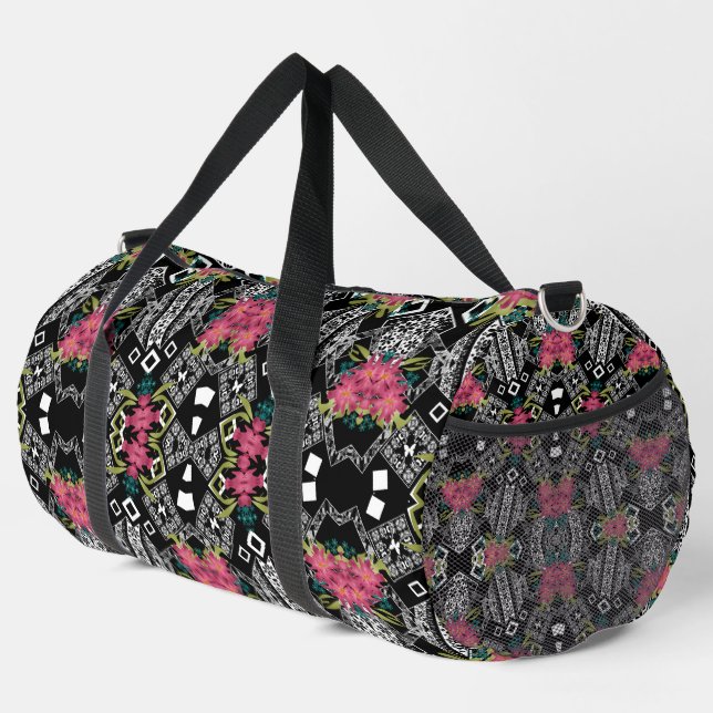 Bouquets of pink flowers flowers on a geometric duffle bag (Right Corner)