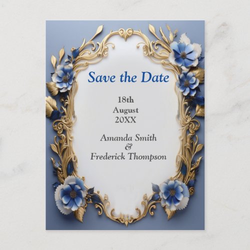 Bouquets of Silky Blue_White and Gold Edges Announcement Postcard