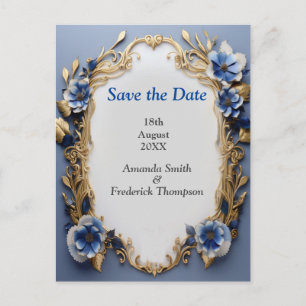 Bouquets of Silky Blue-White and Gold Edges Announcement Postcard