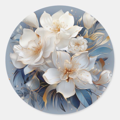 Bouquets of Silky Blue_White and Gold Edges Classic Round Sticker