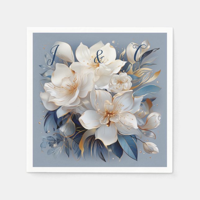 Bouquets of Silky Blue-White and Gold Edges Napkins (Front)