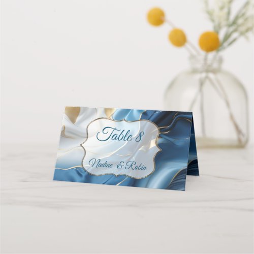 Bouquets of Silky Blue_White and Gold Edges Place Card