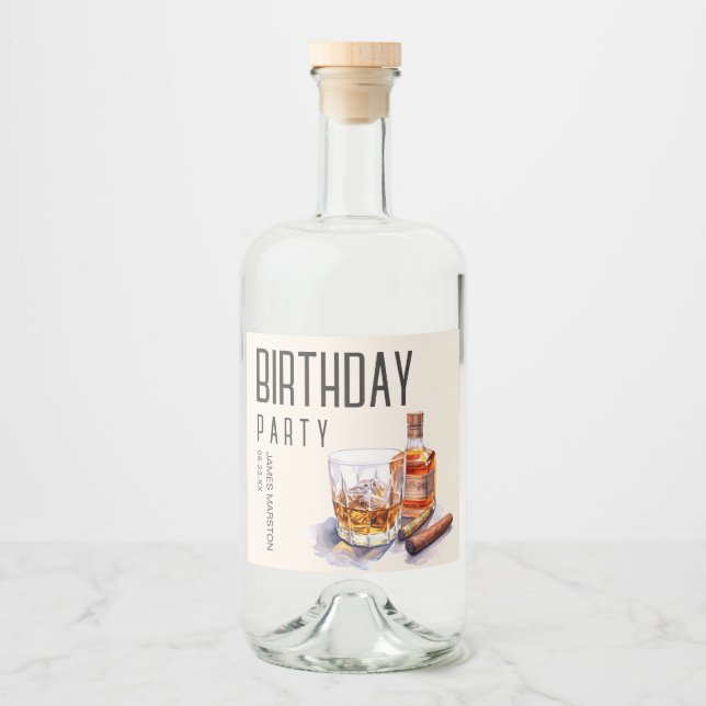 Bourbon and Cigar Birthday Party Liquor Bottle Label (Front)