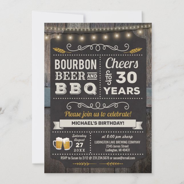 Bourbon Beer and BBQ 30th Birthday Invitation (Front)