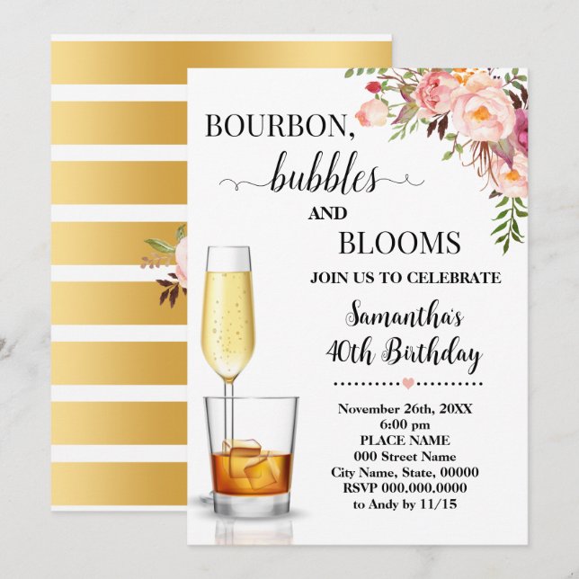 Bourbon, Bubbles & Blooms Adults Birthday Invitation (Front/Back)