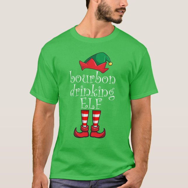 Bourbon Drinking Elf Family Christmas Pajama T-Shirt (Front)