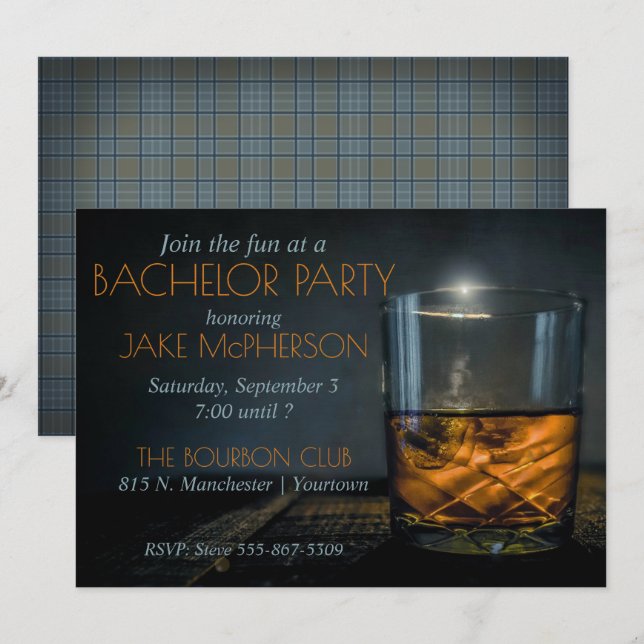 Bourbon Gentleman Plaid Bachelor Invitation (Front/Back)