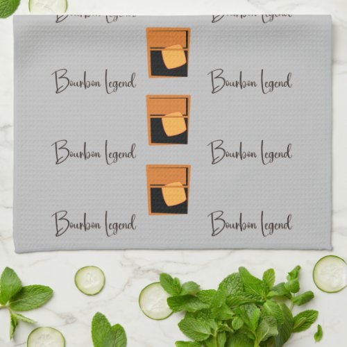 Bourbon Legend and Glasses on gray Kitchen Towel