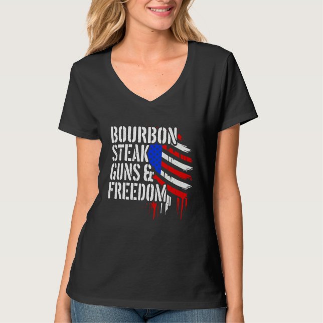 Bourbon Steak & Freedom USA Flag Funny Whiskey Lov T-Shirt (Front)