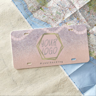 Boutique Business Logo Faux Glitter Pink Pearls License Plate