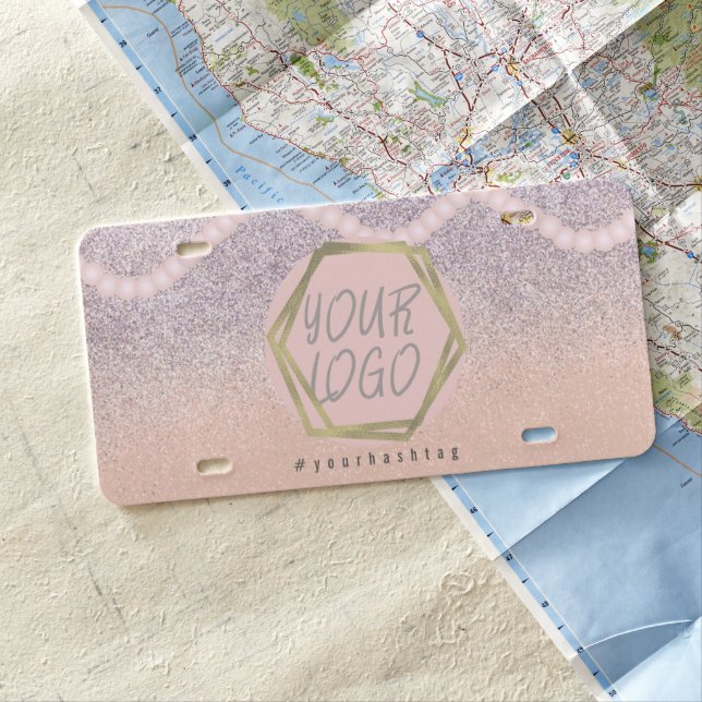 Boutique Business Logo Faux Glitter Pink Pearls License Plate (In Situ)
