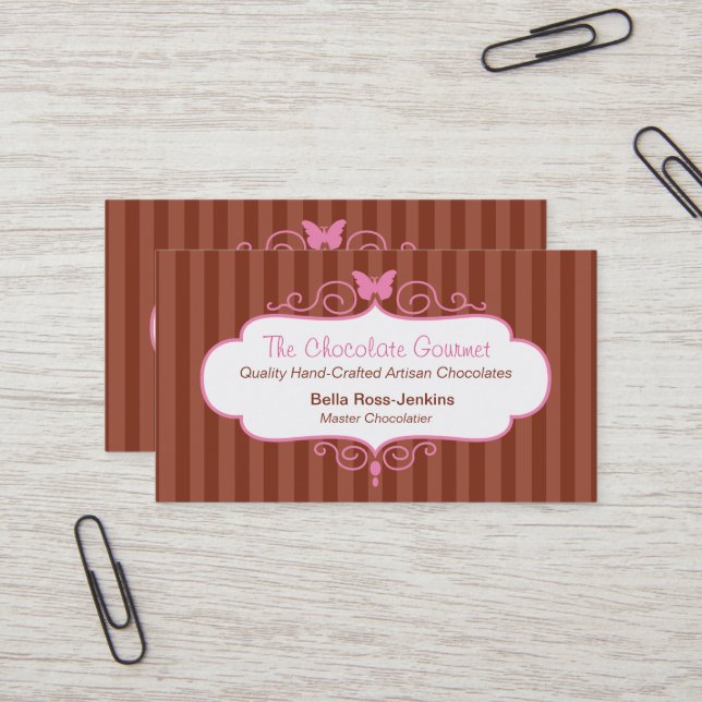 Boutique chocolate shop stripe business card (Front/Back In Situ)