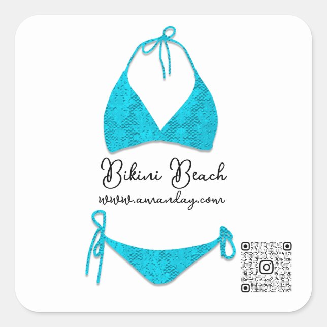 Boutique Clothing Qr Code Rose Blue Bikini Square Sticker (Front)