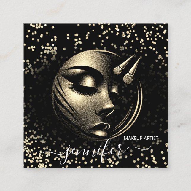 Boutique Glitter Frame Makeup Artist Logo Black QR Square Business Card (Front)