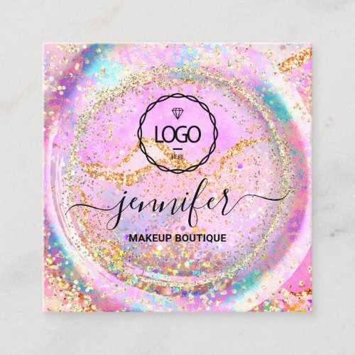  Boutique Luxury Shop Logo QR Code Holograph Pink Square Business Card