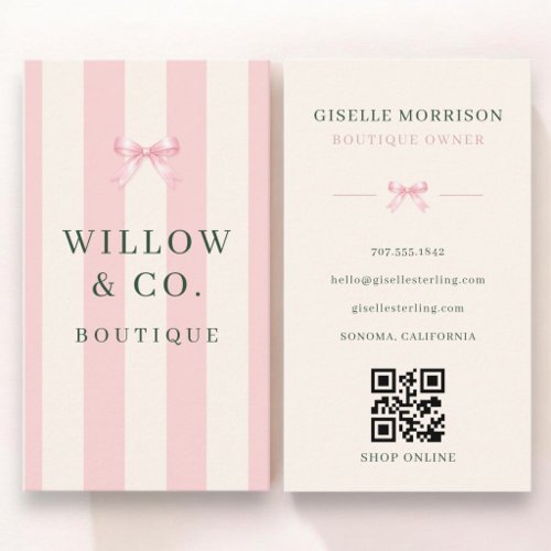 Boutique Owner Pink Green Striped Bow QR Code Business Card