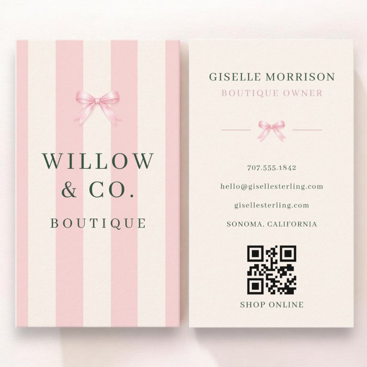 Boutique Owner Pink Green Striped Bow QR Code Business Card