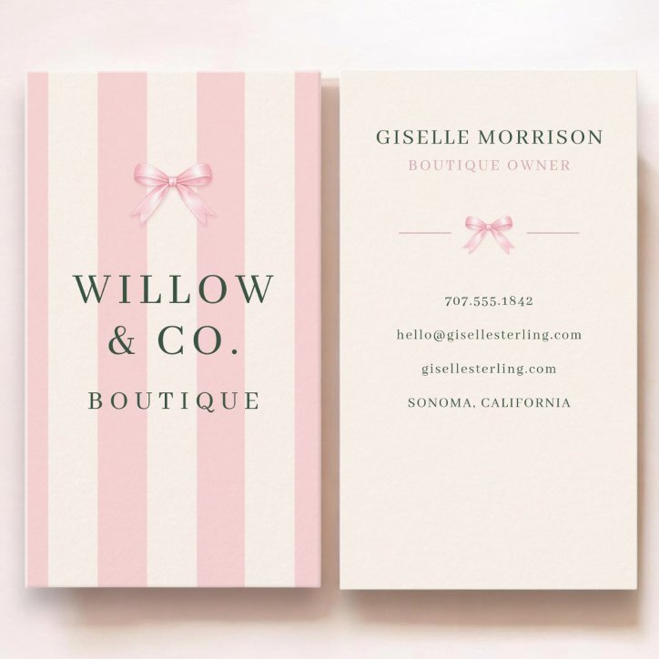 Boutique Pink And Green Striped Preppy Bow Business Card