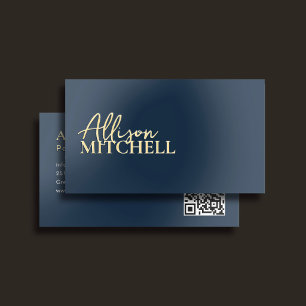 Boutique Script Elegant Luxury QR Code Blue Foil Business Cards