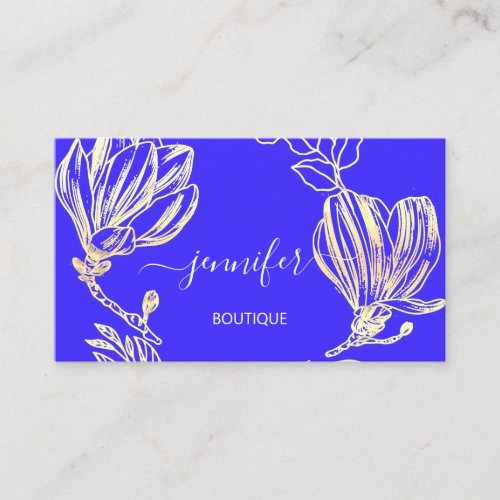 Boutique Shop Blue Gold Flowers Wreath QR Code Business Card