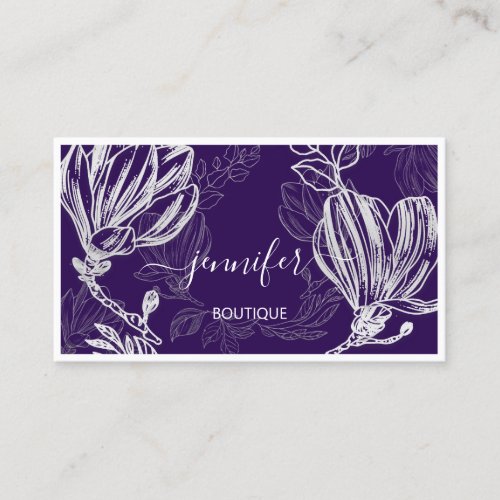 Boutique Shop Blue Gray Flower Framed QR Logo Business Card