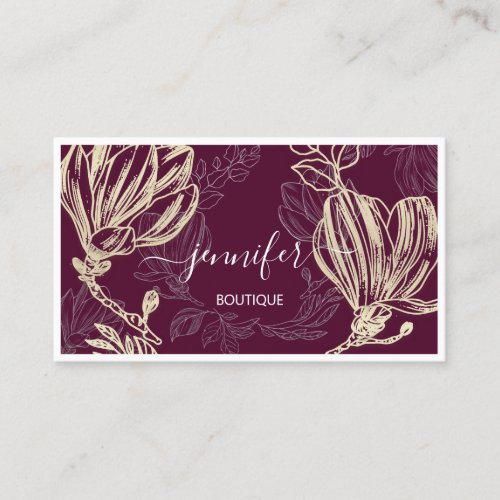 Boutique Shop Bordeaux Gold Flower Framed QR Logo  Business Card