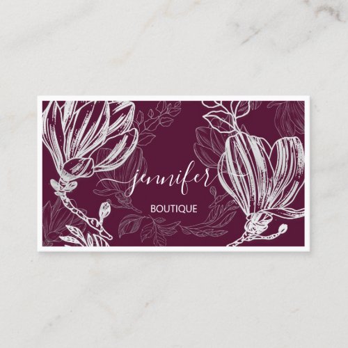 Boutique Shop Burgundy Gray Flower Framed QR Logo Business Card