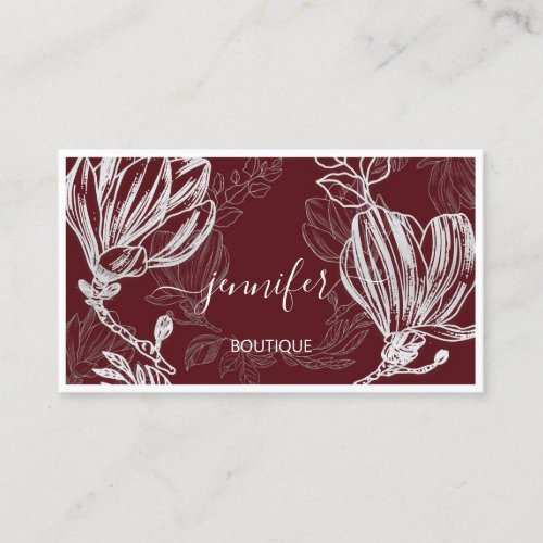 Boutique Shop Burgundy Gray Flower Framed QR Logo Business Card
