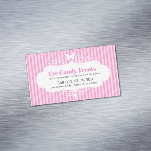 Boutique shop candy pink stripe contact reminder business card magnet