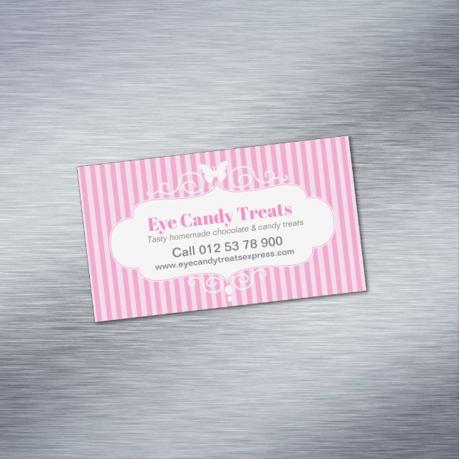 Boutique shop candy pink stripe contact reminder business card magnet (In Situ)