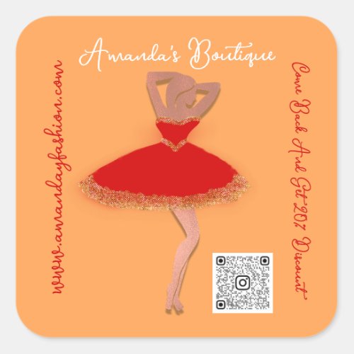 Boutique Shop Clothing Qr Code Red Gold Coral Square Sticker