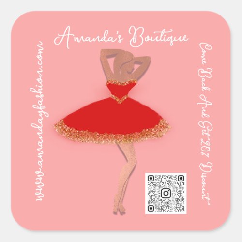 Boutique Shop Clothing Qr Code Red Gold Pink Square Sticker