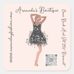 Boutique Shop Clothing Qr Code Rose Black Glitter Square Sticker