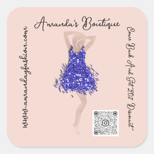 Boutique Shop Clothing Qr Code Rose Blue Glitter Square Sticker