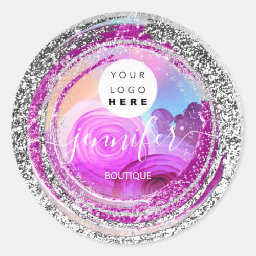 Boutique Shop Glitter Frame Silver Pink  Classic Round Sticker