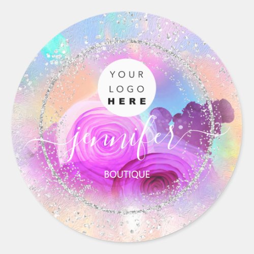 Boutique Shop Glitter Framed Silver Pink Floral Classic Round Sticker