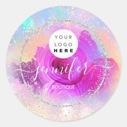 Boutique Shop Glitter Framed Silver Pink Roses Classic Round Sticker