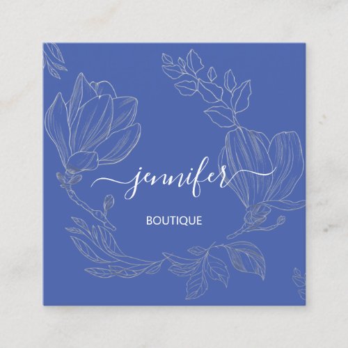 Boutique Shop Grey Blue Flowers QR Logo  Square Business Card