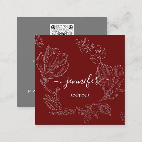 Boutique Shop Grey Burgundy Flowers QR Logo  Square Business Card