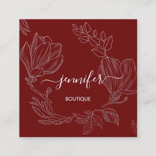 Boutique Shop Grey Burgundy Flowers QR Logo  Square Business Card