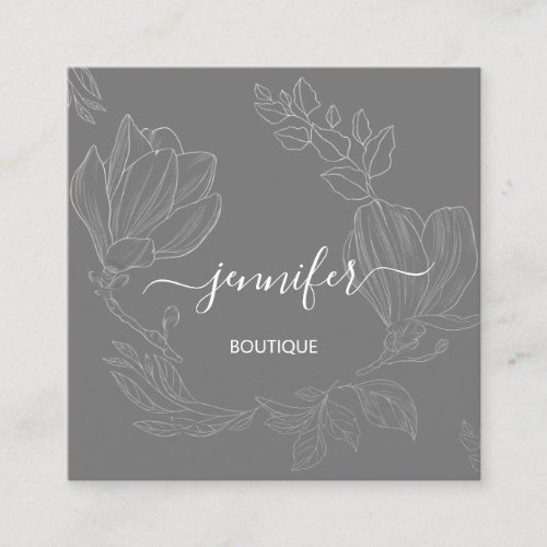 Boutique Shop Grey Gray Flowers QR Logo  Square Business Card