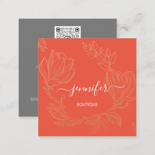 Boutique Shop Grey Orange Flowers QR Logo  Square Business Card