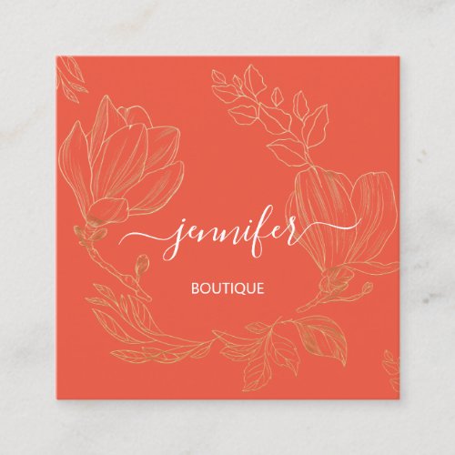 Boutique Shop Grey Orange Flowers QR Logo  Square Business Card