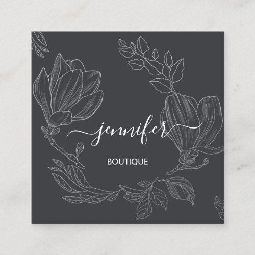 Boutique Shop Grey Silver Flowers QR Logo Square Business Card