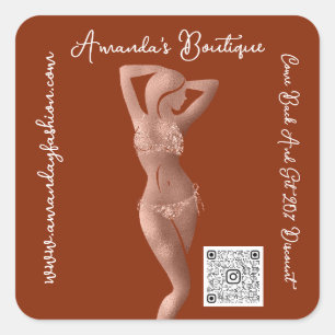 Boutique Shop Lingeire QrCode Logo Body Brown Rose Square Sticker